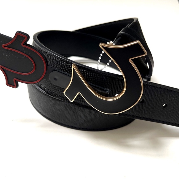 NWT Original TRUE RELIGION Sage II Enamel Buckle Horseshoe Belt Black - Picture 1 of 6